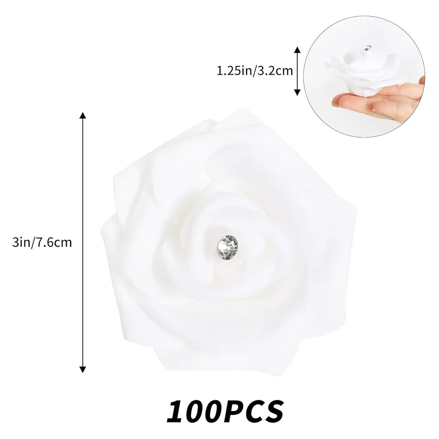 IPOPU 100PCS White Rose Artificial Flower Heads, 3in Real Looking Stemless Foam Roses Fake Flowers Bulk with Crystal for DIY Craft Wedding Bouquets Arrangements Party Home Decorations